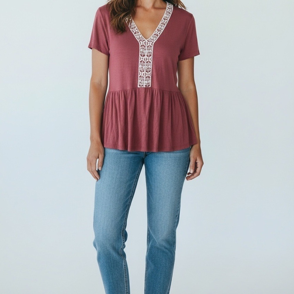 Amaryllis Lace Trim Peplum‎ Top Women Small Deep Orange
